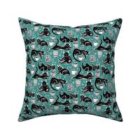 Black Cats & Coffee on Teal - Medium Scale