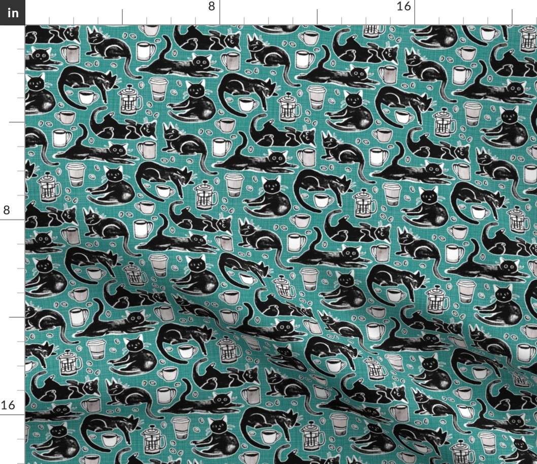 Black Cats & Coffee on Teal - Medium Scale