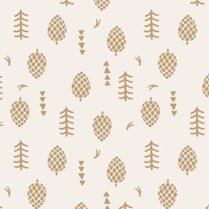 Cone forest. Botanical design. Beige background. Block print. Small scale
