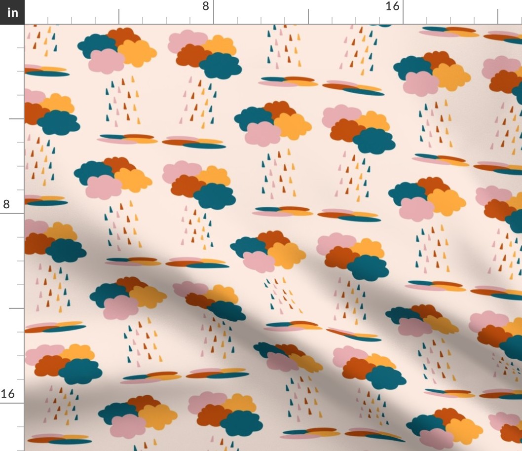 Clouds pairs colorful raindrops cream Wallpaper