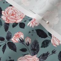 Pink Garden Roses on Teal - Watercolor Floral - SM
