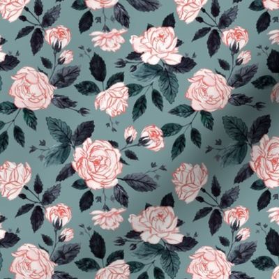 Pink Garden Roses on Teal - Watercolor Floral - SM
