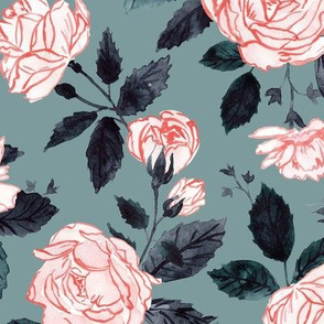 Pink Garden Roses on Teal - Watercolor Floral - LG