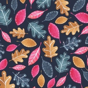 Bright Pink and Brown Watercolor Leaves on Navy Fabric - Small