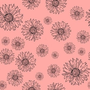 Sunflower Outline Simple Floral Pattern - Black on Peach - Large