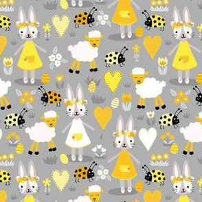Cute Bunnies and Sheep Gray Yellow - Small