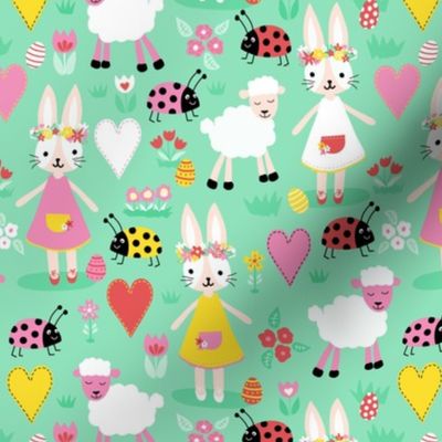Cute Easter Bunny Girls, Sheep, and Ladybugs