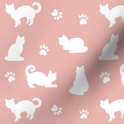 pink and white cats and paw prints pattern