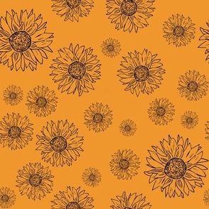 Sunflower Outline Simple Floral Pattern - Black on Orange - Large