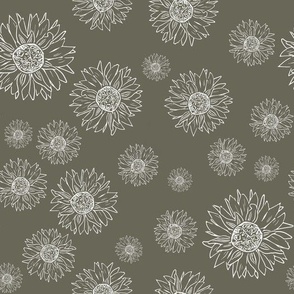 Sunflower Outline Simple Floral Pattern - White on Gray - Large