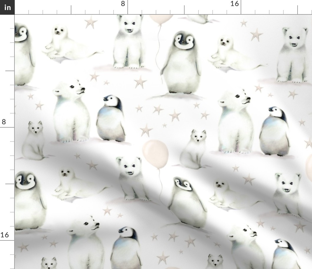 Baby Arctic Animals with Stars Balloons in Greige White for Kids