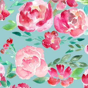 wonder watercolor florals on sea green - large scale