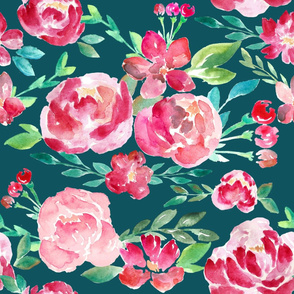 wonder watercolor florals on deep teal - larges scale 