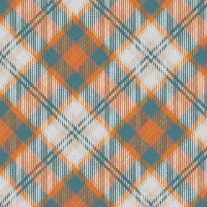 Orange Aqua and Cream White Boxes Plaid 45 degree angle