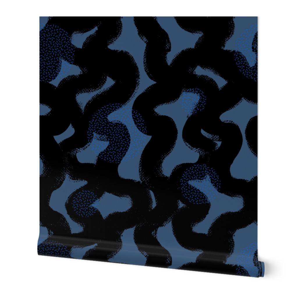 Large-Scale Black Ink Brush Abstract on Blue Suede