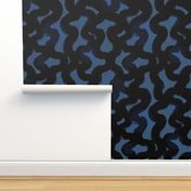 Large-Scale Black Ink Brush Abstract on Blue Suede