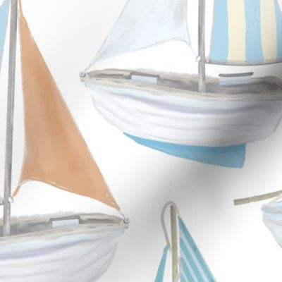 Boats With  Pastel Sails And Seagulls