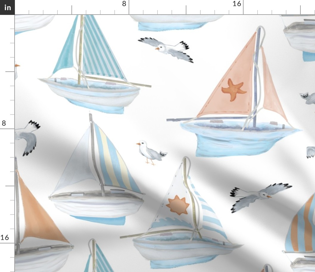Boats With  Pastel Sails And Seagulls
