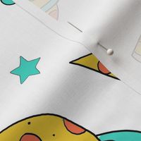 LARGE pizza planet fabric - pizza planet, pizza fabric, planet fabric, space fabric, cute kids fabric, novelty fabric - andrea lauren - white and turquoise