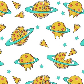 LARGE pizza planet fabric - pizza planet, pizza fabric, planet fabric, space fabric, cute kids fabric, novelty fabric - andrea lauren - white and turquoise