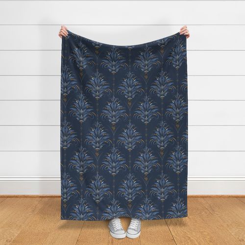 (large) Cozy Folk Floral / Blue Motif on Navy / Detailed Hand-Drawn Floral Damask / coordinates with Navy, Desert Sun, Fog petalsolids / large scale