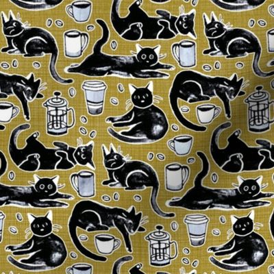 Black Cats & Coffee on Mustard - Medium Scale