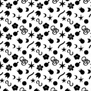 Boho Black flowers and abstract moving shapes on white