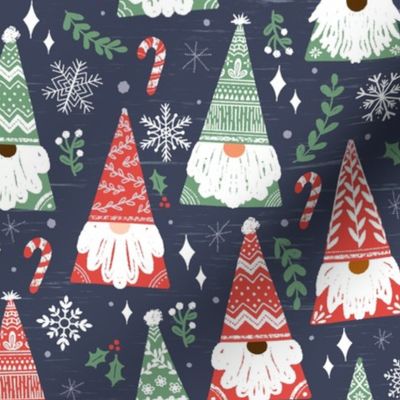 Folk Tomte Gnomes with snowflakes and mistletoe // Christmas gnome candy cane snow red green festive holiday fabric