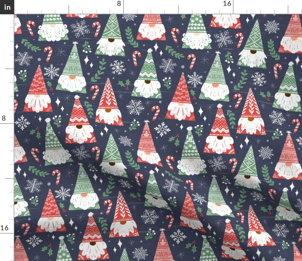 Folk Tomte Gnomes with snowflakes and mistletoe // Christmas gnome candy cane snow red green festive holiday fabric