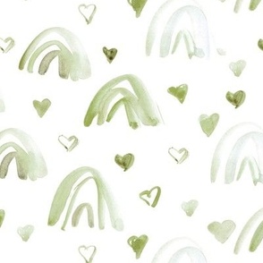 Olive green watercolor neutral rainbows and hearts - sweet painted rainbow pattern for modern nursery kids baby a003-2