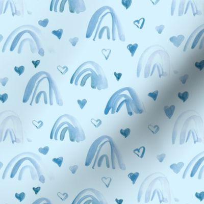 Blue watercolor neutral rainbows and hearts - sweet painted rainbow pattern for modern nursery kids baby a003-8