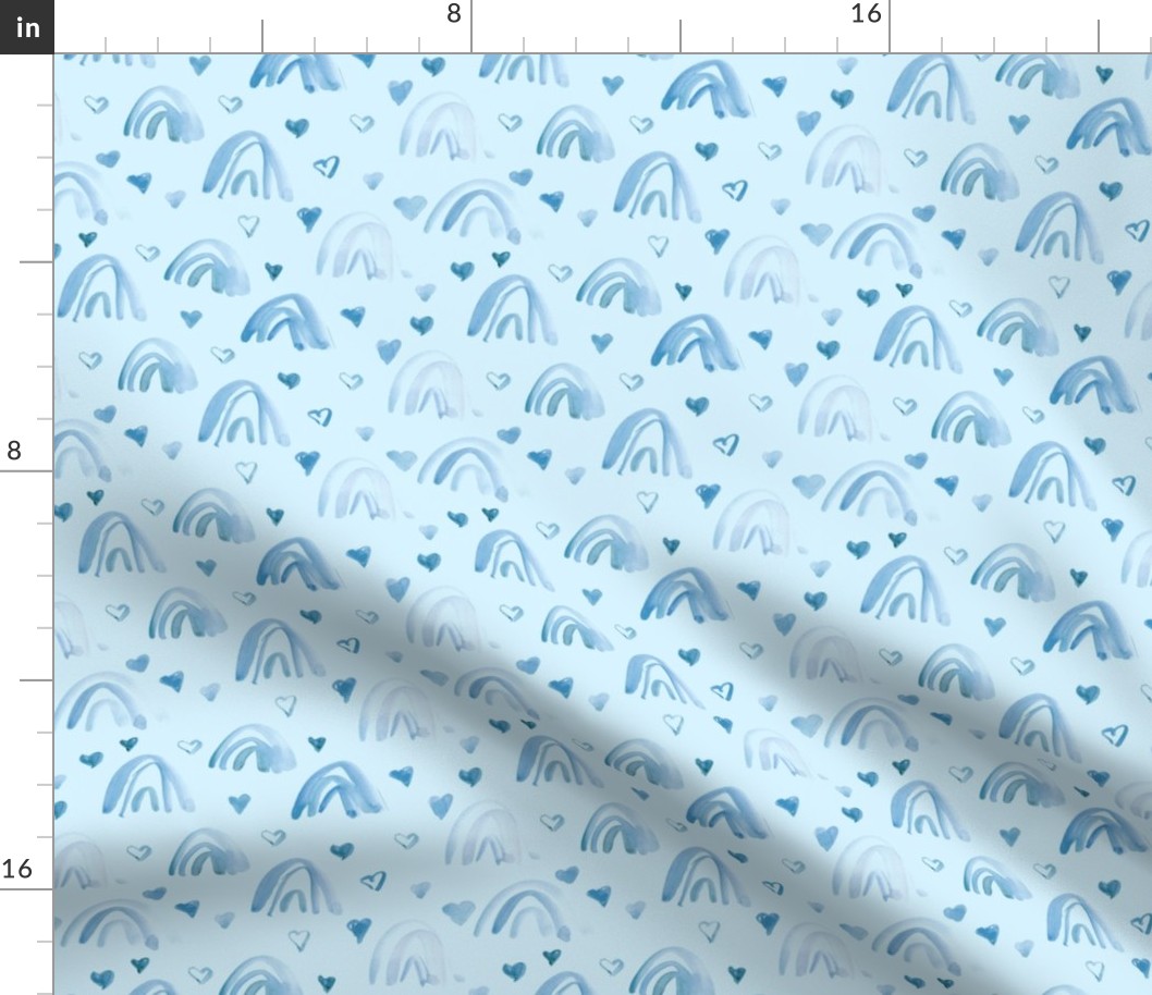 Blue watercolor neutral rainbows and hearts - sweet painted rainbow pattern for modern nursery kids baby a003-8