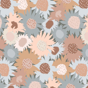 Sunflowers Field in Neutral Blue Gray Beige Pink Medium Scale