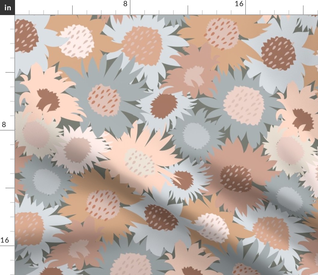 Sunflowers Field in Neutral Blue Gray Beige Pink Medium Scale