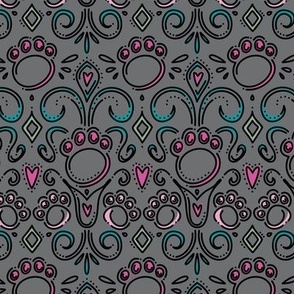 Fancy Paws Damask (Half Size) Multi Color on Gray