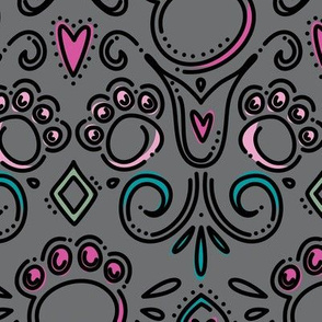 Fancy Paws Damask (Full Size) Multi Color on Gray