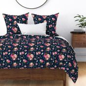 Watercolor Peonies & Roses (navy) Floral Pink Plum Blush Flowers Garden Blooms, LARGE scale