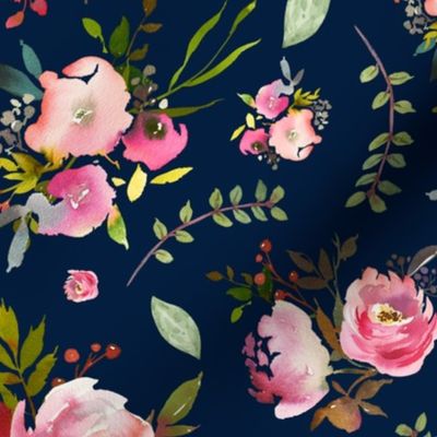 Watercolor Peonies & Roses (navy) Floral Pink Plum Blush Flowers Garden Blooms, LARGE scale