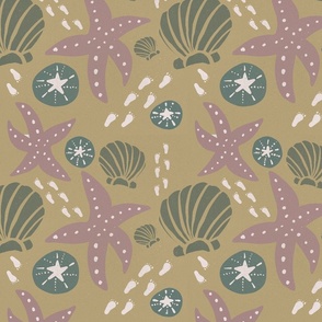 Seashell and Starfish Wallpaper - Mauve and Khaki - Jumbo