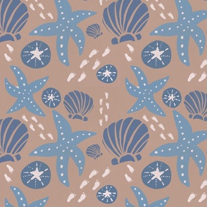 Seashell and Starfish Wallpaper - Blue,Teal,White and Taupe - Jumbo