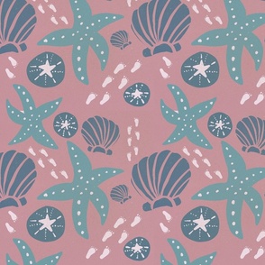 Seashell and Starfish Wallpaper - Blue, White, Teal and Pink - Jumbo