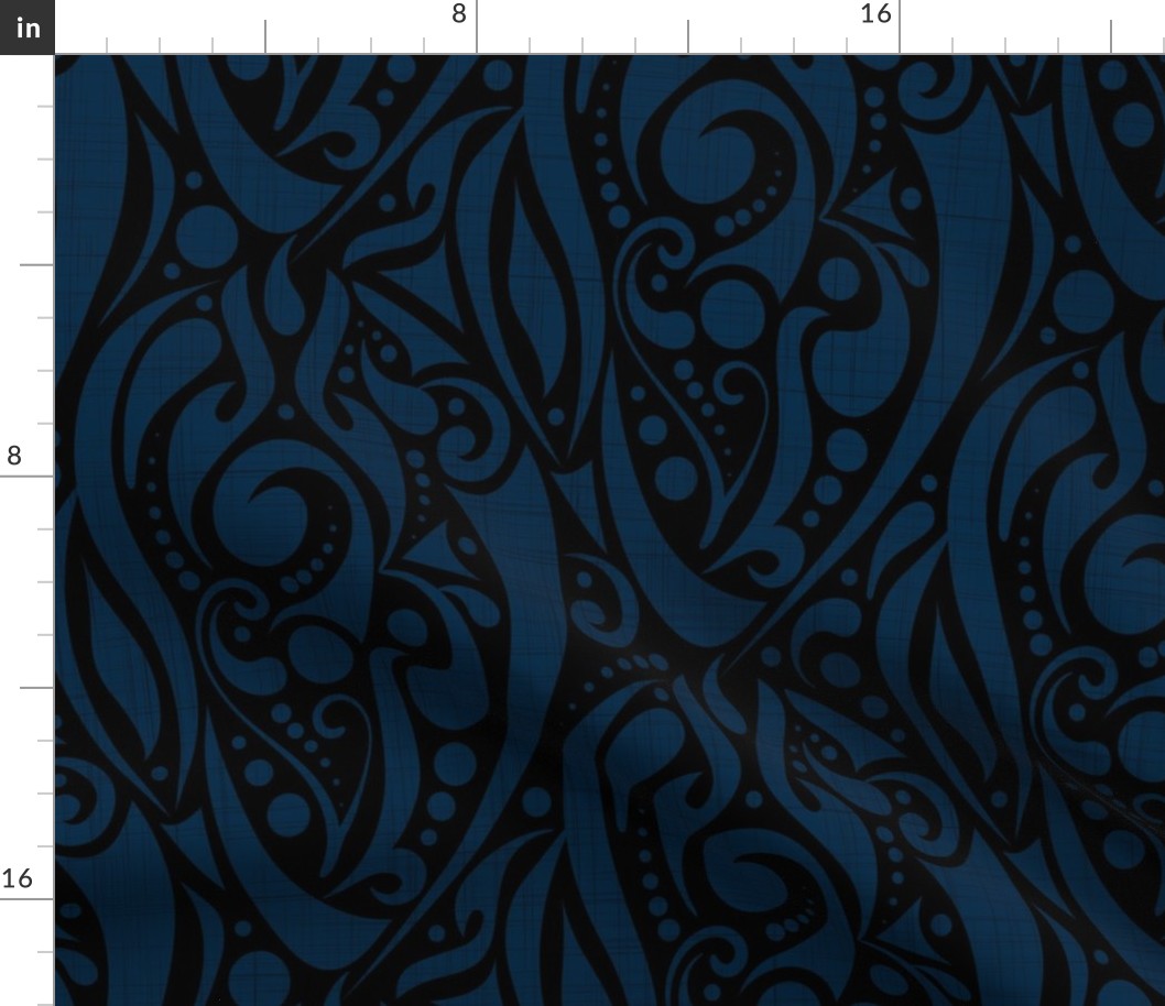 tribal turtle net - denim blue on black - masculine tribal wallpaper