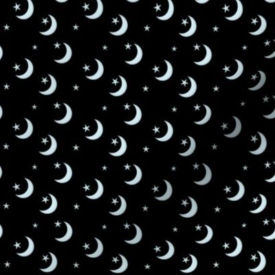 Small - Silvery Crescent Moon with Stars in Silver and Black - Seamless