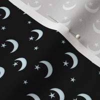 Small - Silvery Crescent Moon with Stars in Silver and Black - Seamless