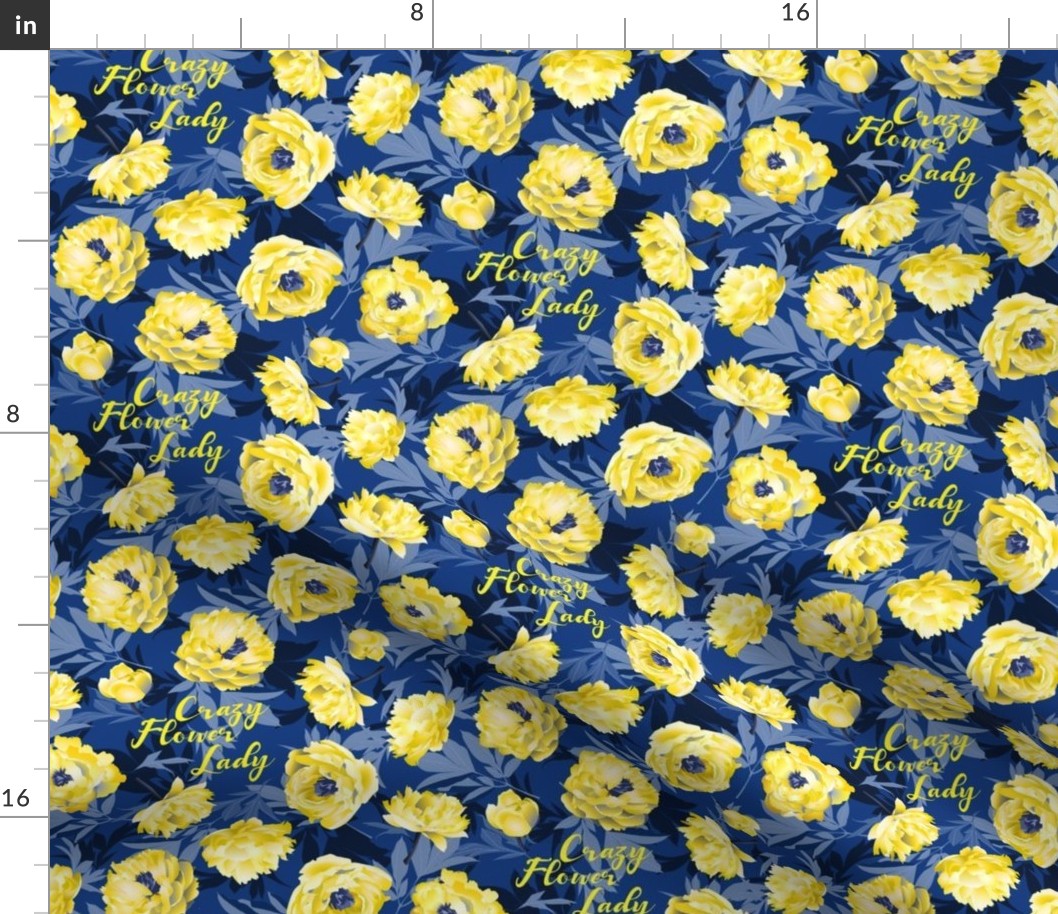 Crazy flower lady - yellow peonies on blue