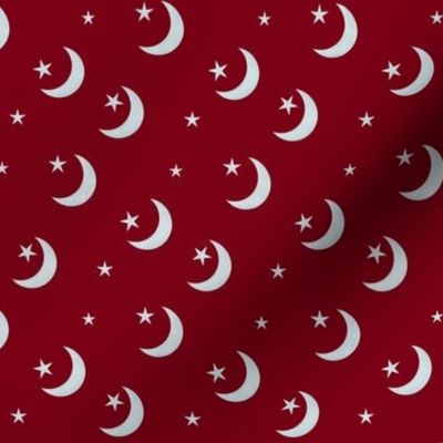 Seamless  - Silvery Crescent Moon with Stars on Deep Red 