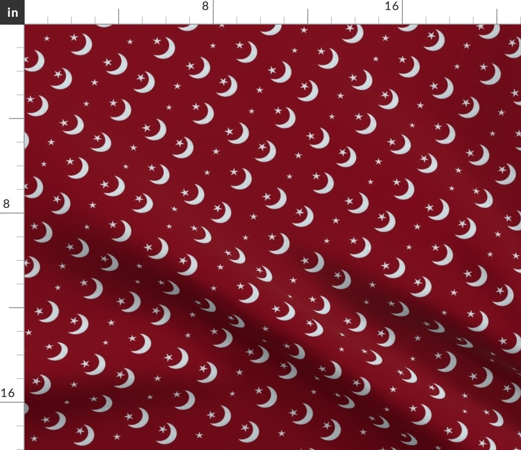 Seamless  - Silvery Crescent Moon with Stars on Deep Red 