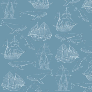 Ships And Whales On Ocean Blue
