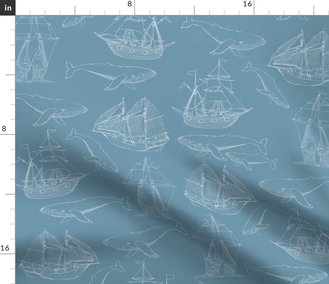 Ships And Whales On Ocean Blue