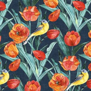 Blue Headed Wagtail in the Tulips - Indigo and Orange - Small Print
